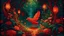 Placeholder: Night illustration: Magical slavic garden with lush greenery and a beautiful stone winding path. There is only one creature the Firebird. The feathers of the Firebird are vibrant red, orange, and gold, each one glowing with an otherworldly brilliance.