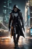 Placeholder: Full body,Half-cyborg demon male cyberpunk assassin wearing a metal mask, black jacket,walk in night city background