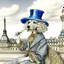 Placeholder: Vintage drawn illustration of a poodle wearing a beret and smoking a cigarette on the rooftop of the Louvre, french illustration, highly detailed, color pencils, vogue