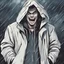 Placeholder: a closeup of a psychopathic young man with white eyes in a heavy coat and hood during a rainstorm laughing cartoon