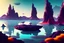 Placeholder: Alien rocky landscape, with lagoon, vegetation, distant city, sci-fi, epic