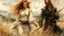 Placeholder: Hyper-photorealistic watercolor art style by Luis Royo & Leonid Afremov & William Kentridge & Anna Razumovskaya, ginger-haired woman with natural skin tones, hyperdetailed face, full body diagonal shot, encounters male bandits in dark fantasy countryside setting, absence of mysterious elements, dramatic lighting, ultrafine detail, octane rendering., by