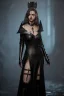 Placeholder: portrait beautiful executioner in black leather gown in a dungeon, mature woman, evil, angry, cleavage, sci-fi fantasy style, 8k,dark