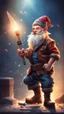 Placeholder: postcard portrait of bard post man sexy gnome smith man with old boots , sledge hammer banging glowing sword, in spotlight, magazine cover illustration with spray paint, signed, bokeh like, down-light, unreal engine, prize winning