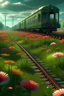 Placeholder: metro on the tracks, surrounded by flowers, on top green grass, matte painting, digital illustration, dreamlike visuals, bright colors, hyperrealism, detailed, high quality, 4k