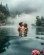 Placeholder: Portrait Romantic couple swimming kissing together in lake Wonderful landscape fantasy early morning heavy fog photography art Rivendell village,lake,magical forest and houses,beautiful mushrooms,roses flowers,little waterfall,lake,close up photo beautiful romance couples on swimming together in lake