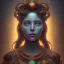 Placeholder: portrait of teenage medusa, with raised eyebrow, wicked smile, black snakes cover her head, hairless, wearing an embroidered rusty tunic, dark background, intricate, elegant, copper and emerald jewelry, glowing lights, highly detailed, digital painting, artstation, concept art, smooth, sharp focus, illustration, art by wlop, mucha, artgerm, and greg rutkowski golden ratio