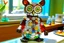 Placeholder: Owl nurse in nurse costume made of tyffany glass and gemstones spreading pills, she is wearing necklaces made of medicines in a hospital room in sunshine