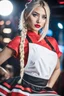 Placeholder: Beautiful girl dancer, blonde hair , bold lipstick, night club stage, braided bangs, braided bobcut, solo, apron,thick thighs, side-tie panties, black hair, 18yo,(on back:1.2) ,red midi dress, portrait