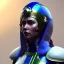 Placeholder: woman, irish, blue, heavily made up face, round helmet, decorative color feathers, retro futuristic, latex coat, soft color, highly detailed, art stations, concept art, smooth, unreal engine 5, god rays, ray tracing, RTX, lumen lighting, ultra detail, volumetric lighting, 3d, finely drawn, high definition, high resolution.