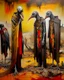Placeholder: long-legged surreal lean black-grey figures with beak-shaped heads in overcoat, profile, semi-silhouettes among ramshackle ruins in a barren landscape of red, yellow, black and beige colors, intricate acrylic painting