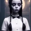 Placeholder: wednesday addams from jenna ortega, wednesday addams hair, wednesday addams make up, wednesday addams black dress, cinematic, hyper detail, 8k resulation