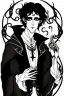 Placeholder: black haired young man necromancer wizard with gothic jewelry and tentacle fingers in the style of Aubrey Beardsley