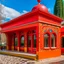 Placeholder: An orangish red spicy noodle restaurant designed in Matryoshka dolls painted by Wassily Kandinsky