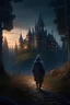 Placeholder: Realistic enchanted, cozy wizard castle, hidden in a forest. At twilight. Home of Merlin. Cloaked, hooded person in the foreground