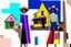 Placeholder: whimsical arafed nonsense, patchwork vibe, acrylic and ink painting of a cozy village main street on undulating hills with color (((minimal))) sketches of village people with (((extremely long limbs))), (((oversize head))), sharp color contrasts, amazing shadows, (((exaggerated limbs and head))), minimal cozy, warm palette, bright bold warm summer colors, color leak, sparse bright orange-red splinters, heavily distorted views, amazing parallels, amazing reflections