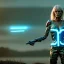 Placeholder: Ultra Realistic retro sci-fi movie war scene, waist up view portrait, blonde woman pointing a gun, sweet young Daryl Hannah face, perfect iris, glow eyes, makeup, weapon. Drones background, Retro sci-fi style, helmet, tight latex coat, fog, rain, soft color, highly detailed, unreal engine 5, ray tracing, RTX, lumen lighting, ultra detail, volumetric lighting, 3d, finely drawn, high definition, high resolution.