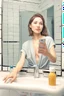 Placeholder: Generate a high-quality lifelike portrait of a {{18,21,25,28,31,34,37}}-year-old female social media inflluencer taking a cellphone selfie in the bathroom mirror. The POV should be from the perspective of the woman taking the selfie. She should have a slender body and be wearing skin-tight and very thig gym clothes. Her long black curly hair should be styled in a whimsical way. The photo should be captured using a 35mm film with a macro shot and shallow depth of field to create a bokeh effect. P