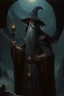 Placeholder: 1970's dark fantasy cover dnd style oil painting of a wizard with minimalist far perspective