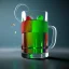 Placeholder: blurred scientist, glass of many coloured liquid with ice cubes, raytraced, volumetric fog