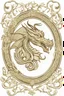 Placeholder: Create an elegant logo design with the side profile of a Welsh-style dragon facing left, with a white gardenia in its claw. Make the dragon a golden colour and have a circular frame.
