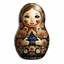 Placeholder: draw matryoshka dolls, the matryoshka is smiling, the kind sweet face of the matryoshka doll, behind the matryoshka Russian patterns in the style of Khokhloma, Khokhloma with gold and black flowers, in the hands of matryoshka blueberries