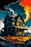 Placeholder: create a surreal horror comic style illustration of a farmhouse disintegrating in a massive, violent tornado , with highly detailed features, in the comic art style of RICHARD CORBEN and FRANK FRAZETTA, searing lines and forceful strokes, precisely drawn, boldly inked, with gritty textures, vibrant colors, dark and dramatic otherworldly lighting