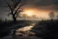 Placeholder: a dirty iced road next to a tree on a foggy day, depressive moody sunset background, dry tree branches scattered in mud, dark swamp, snowy land, doom and gloom, grey clouds, snow dawn, snowy landscape, dramatic matte painting, melancholic mood