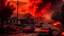 Placeholder: Climate emergency, wildfires near town, danger, disaster, realistic award-winning photograph, detailed, credible, warning, catastrophe, vehicles burnt, buildings aflame, resort devastated, color photograph