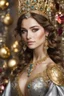 Placeholder: Half body pose gorgeous photography art,cinematic realistic colors,soft blur lens focus dslr,natural beauty, of young woman, smiling, beautiful, shiny grey eyes, make up,Byzantine Queen style, shiny baubles, ornate, medium gemstones, shiny molten metalics,luxury victory dress shiny ornaments flowers pattern golden,full jewelrys diamonds bright shining,brown hair, high definition,in luxury castle background