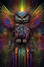 Placeholder: 3d rainbow flying owl, mystical, full image, with vivid detailed amazing eyes, brighr fractal colors, hyperdetailed, h.r. giger, egyptian, fantasy, Metaphorical Realism, electric feathered effect Abstract line art, deep cut 3D effect, in an enchanted forest