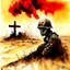 Placeholder: "No Man's Land The countless white crosses stand mute in the sand, To man's blind indifference to his fellow man" moody World War I memorial composition. Watercolor and ink painting, dynamic composition, double exposure solder with antique WW I gas mask with fiery text "1914" on helmet, dramatic red sky, dramatic, dynamic composition