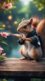 Placeholder: magazine cover with black border, adjust hue for evening, close up portrait of ninja squirrel by lake fishing from dark wooden bridge couple with weird cute huge eyes from a tree house in wonderful enchanted magical forest with amazing variety of plants and flowers,bokeh like f/0.8, tilt-shift lens 8k, high detail, smooth render, down-light, unreal engine, prize winning