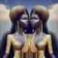 Placeholder: Biologically Female sexy African American Twins, black skin, tall and slender, long afro kinky hair,big brown eyes, long eyelashes warrior wear. Big butts. Gold accents on clothing. Surround by trees. Holding golden spears. Starry night