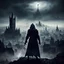 Placeholder: Dark Sinister alien landscape. A medieval city in the distance. some Dark mist. Dark hooded Man. pointing a sword towards the sky and casting a spell