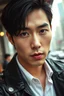 Placeholder: medium close realistic portrait, an handsome 30 years old attraktive korean man with bad boy vibe, medium long dark hair, stunning dark eyes looks suggestively, masculine mouth and chin. sharp focus, high detalied, extrem realistic, black leather coat, or shirt, background in city, perfect photo