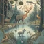 Placeholder: A detailed illustration with forest animals at the egde of a forest drinking from a lake.