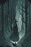 Placeholder: in the style of a Henry Justice Ford drawing, a beautiful witch walks through a dark forest