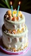 Placeholder: birthday cake shaped like a shell, decorated with shells and candles, in Hawaii beach, hyper realistic, in broad daylight, intricate details