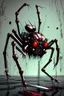 Placeholder: A rusty and bloody silver mechanical spider whose legs are made of knives and scissor blades walking across a pool of blood on a black marble floor