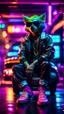 Placeholder: tap dancer, spot lights, spray tan, portrait of slick lord water wolf Gremlin myth buster pimp ninja cyber punk sitting on a hipster car parked in dark neon lit reflective wet arcade hall tunnel,bokeh like f/0.8, tilt-shift lens 8k, high detail, smooth render, down-light, unreal engine, prize winning