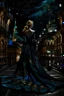 Placeholder: Under a starry umbrella and cityscape long dress, she’s the queen of the night, dark deep colours, atmospheric, weird, crepy stunning