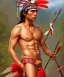 Placeholder: Guaicaipuro, native american god warrior, red feathers headdress, shirtless, holding a stone tip spear