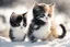 Placeholder: black and white chibi kittens playing in the snow in the sunshine, watercolor and black ink outlines, sparkling golden glitter, ethereal, cinematic postprocessing, bokeh, dof