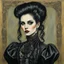 Placeholder: create a 3/4 profile, full body oil pastel of a dark haired, savage, ornately dressed, gothpunk vampire girl with highly detailed , sharply defined hair and facial features , in a smokey 19th century drawing room in the style of JOHN SINGER SARGENT