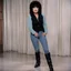 Placeholder: Scene from a color 1968's British secret agent TV show, a 165 pound middle aged woman who looks like Sherri Martel is wearing jeans and boots, she has on very heavy eye makeup and her mouth is open. She is standing up with her arms at her sides, her knees are buckled and her eyes are crossed as they close and roll. She looks very defeated and humiliated. She is standing in a colorful living room.