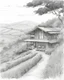 Placeholder: in a tea plantation , a modern cottage in the tea plantation hill side, pen line sketch Inspired by the works of Daniel F. Gerhartz, with a fine art aesthetic and a highly detailed, realistic style