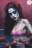 Placeholder: full body portrait - the corpse bride, wearing a pink, bikini in a hot tub - 32k, UHD, 1080p, 8 x 10, glossy professional quality digital photograph - dark blue and dark red, and light maroon and purple and foggy black gradated background with a paint splattered wall, strawberries, stars, planets, galaxies, an assortment of bright, colorful floral arrangements, black roses, blue roses, red roses, yellow roses, pink roses, dandelions, honeysuckle roses, tulips, carnations,