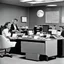 Placeholder: 1950s office secretaries working in an office on the moon
