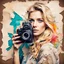 Placeholder: portrait of a blonde woman with a camera, background old torn paper, bright colors, ART drawing